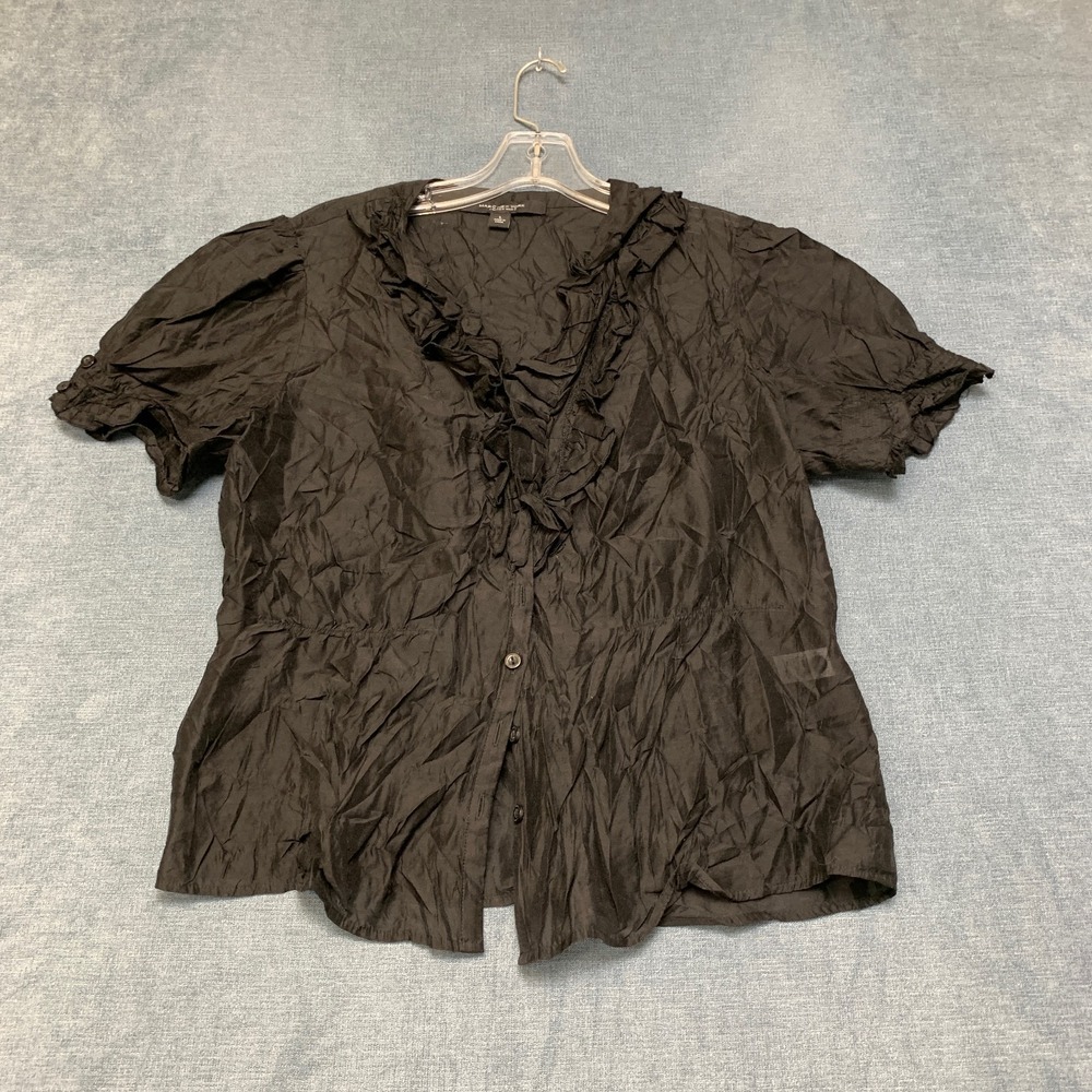Marc by Andrew Marc Blouse Top Womens Large Black Ruffle Details Button Casual